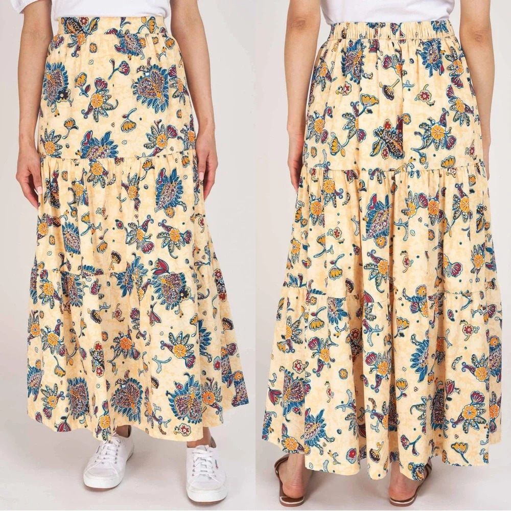 Elie By Elie Tahari Floral Paisley Print Tiered Maxi Skirt Boho Poplin Lined M